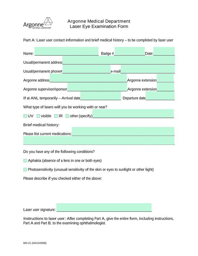 Laser Eye Examination Form screenshot