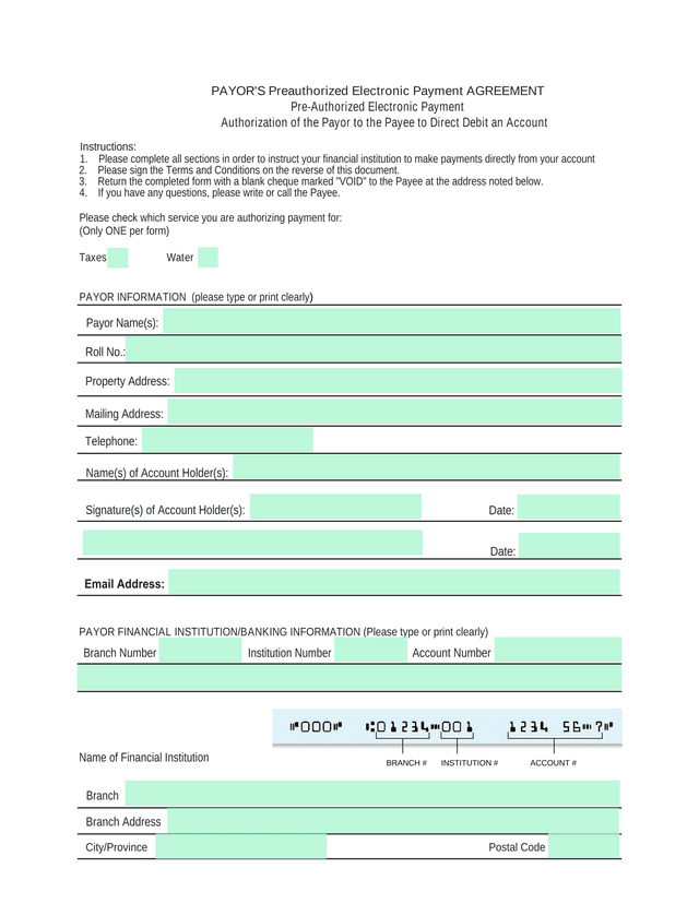 PAYORS Preauthorized Electronic Payment AGREEMENT screenshot