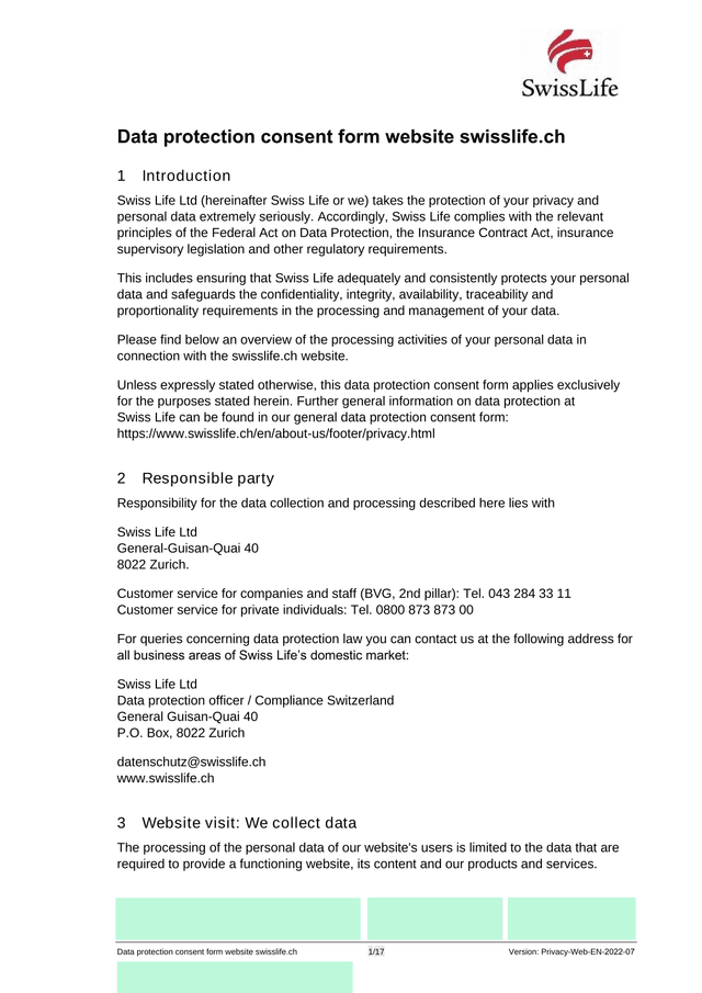 Data Protection Consent Form Website Swisslife.Ch screenshot