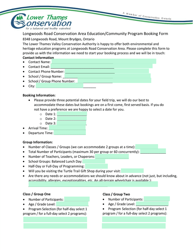 Longwoods Road Conservation Area EducationCommunity Program Booking Form screenshot