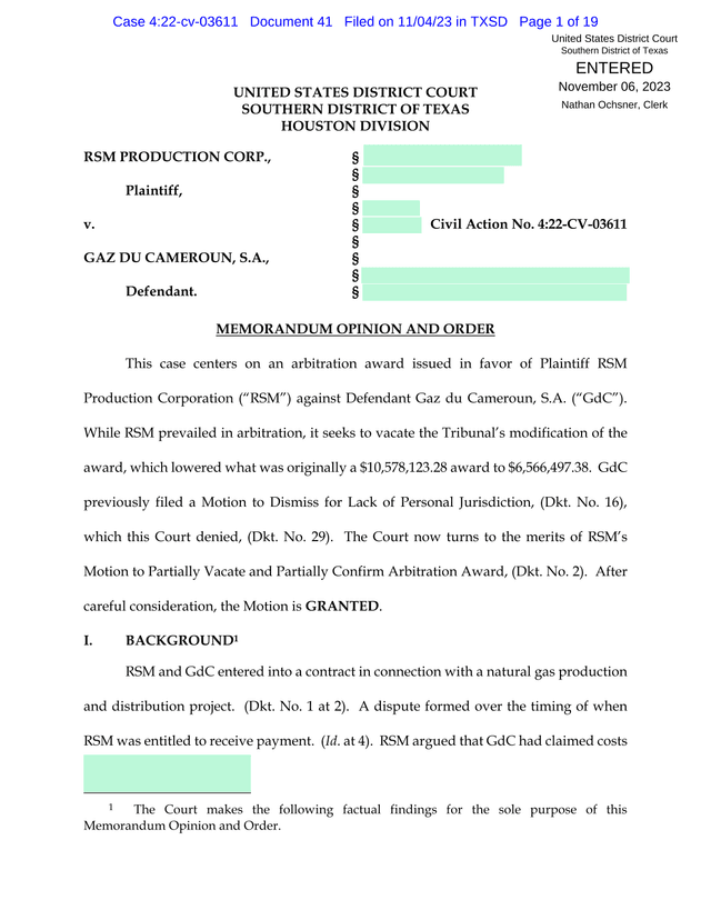 Memorandum Opinion And Order   RSM Production Corp. V. Gaz Du Cameroun, S.A. screenshot
