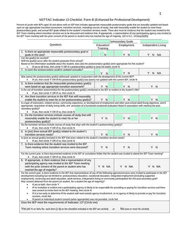 NSTTAC Indicator 13 Checklist Form B (Enhanced For Professional Development) screenshot