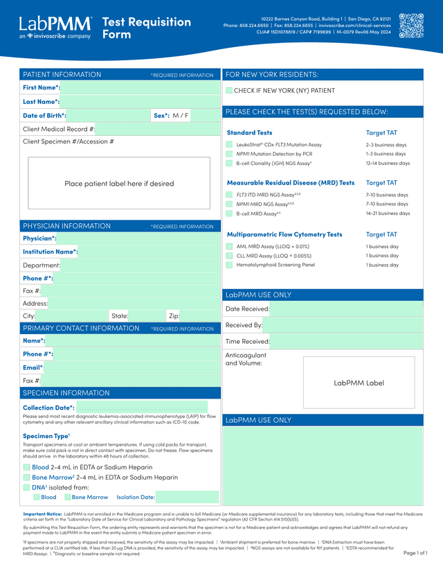 Leukemia Diagnostic Test Request Form screenshot