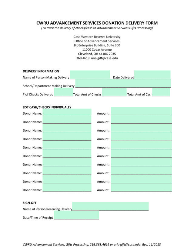 CWRU Advancement Services Donation Delivery Form screenshot
