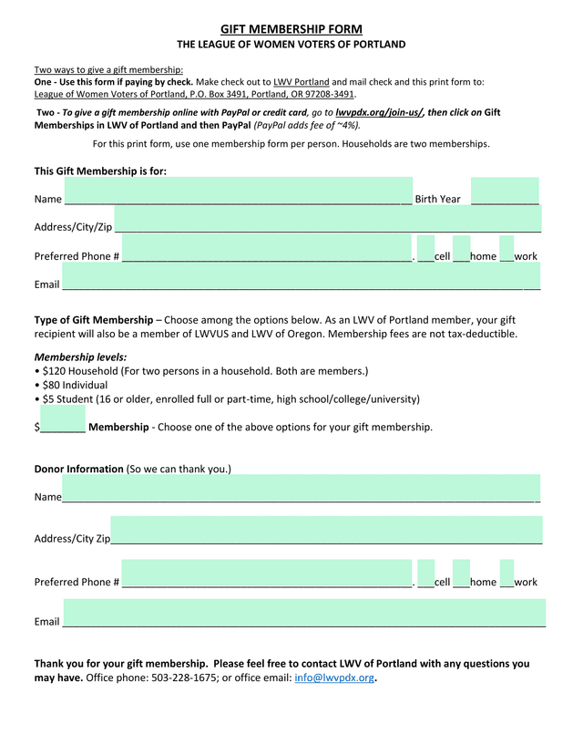 Gift Membership Form screenshot