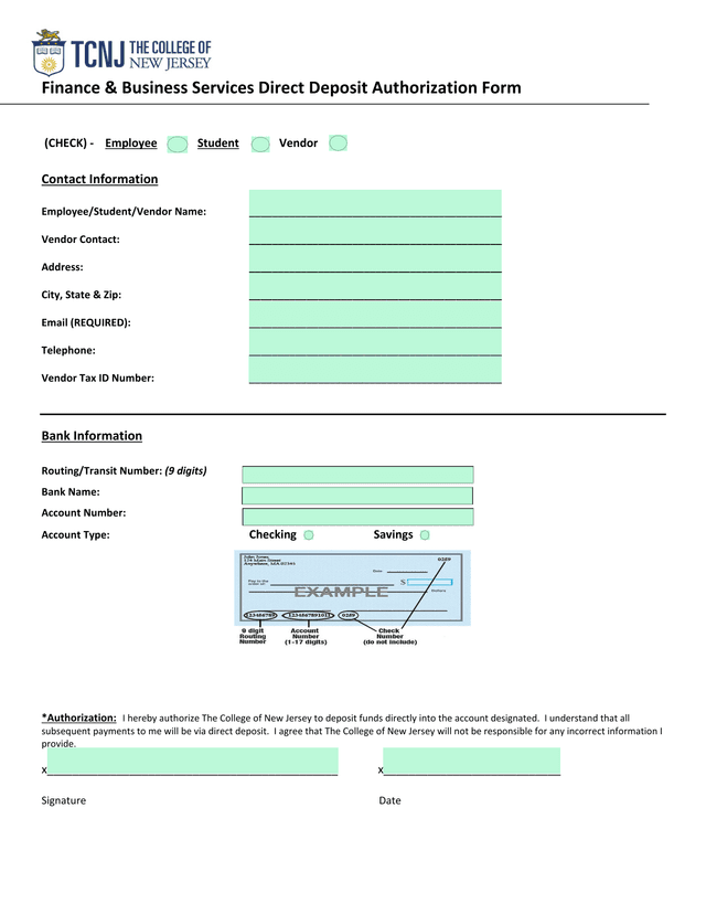 Finance  Business Services Direct Deposit Authorization Form screenshot