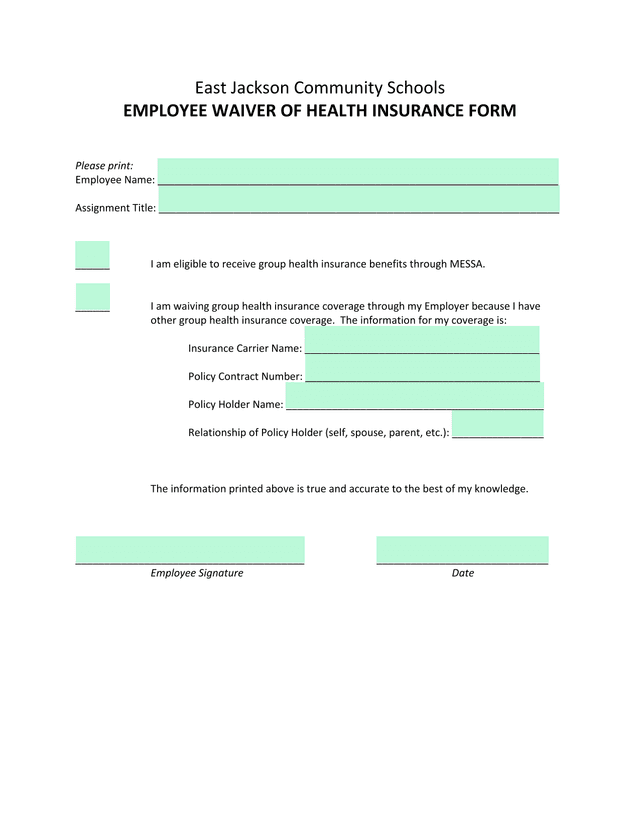EMPLOYEE WAIVER OF HEALTH INSURANCE FORM screenshot