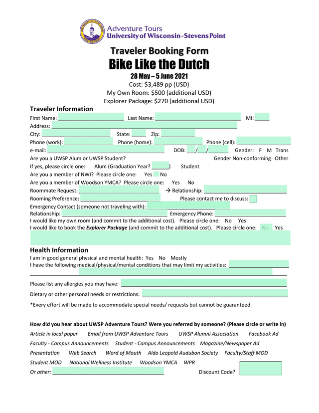 Traveler Booking Form screenshot