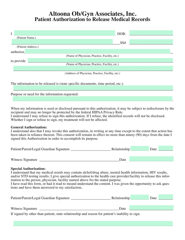 Patient Authorization To Release Medical Records screenshot