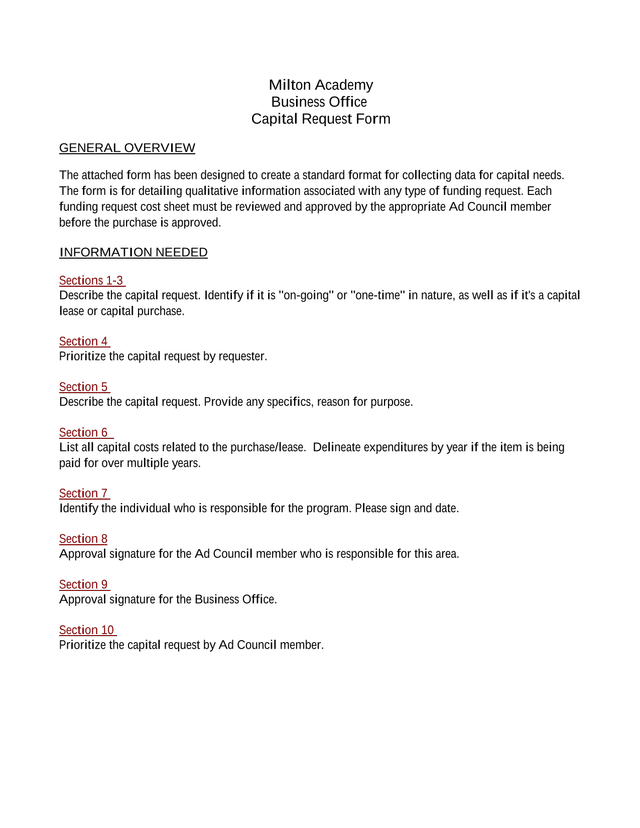 Capital Equipment Request Form screenshot