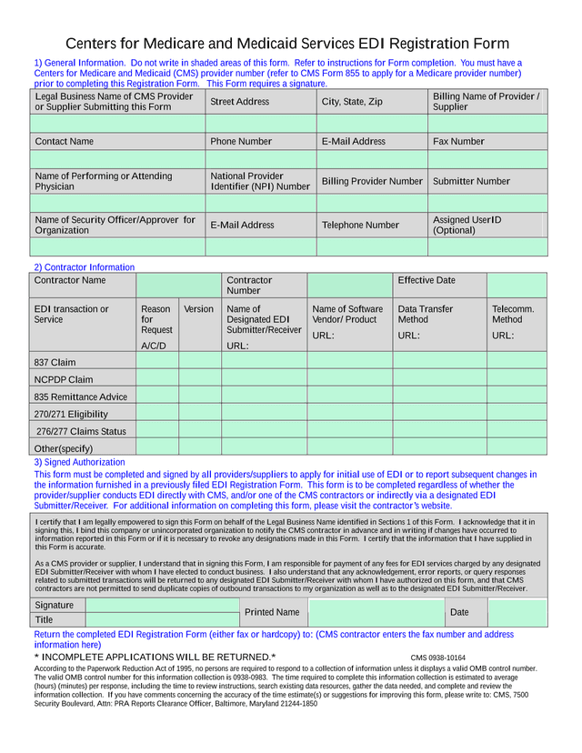 Centers For Medicare And Medicaid Services EDI Registration Form screenshot