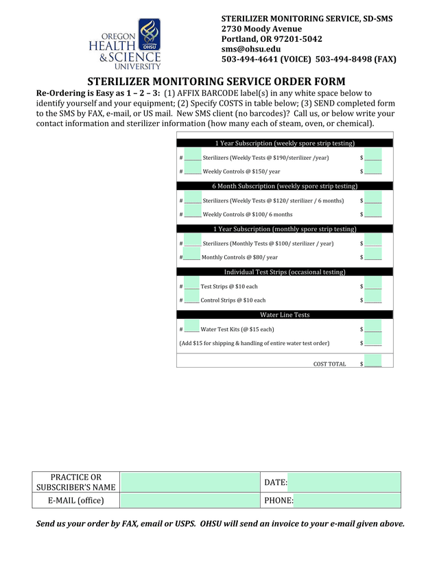 STERILIZER MONITORING SERVICE ORDER FORM screenshot