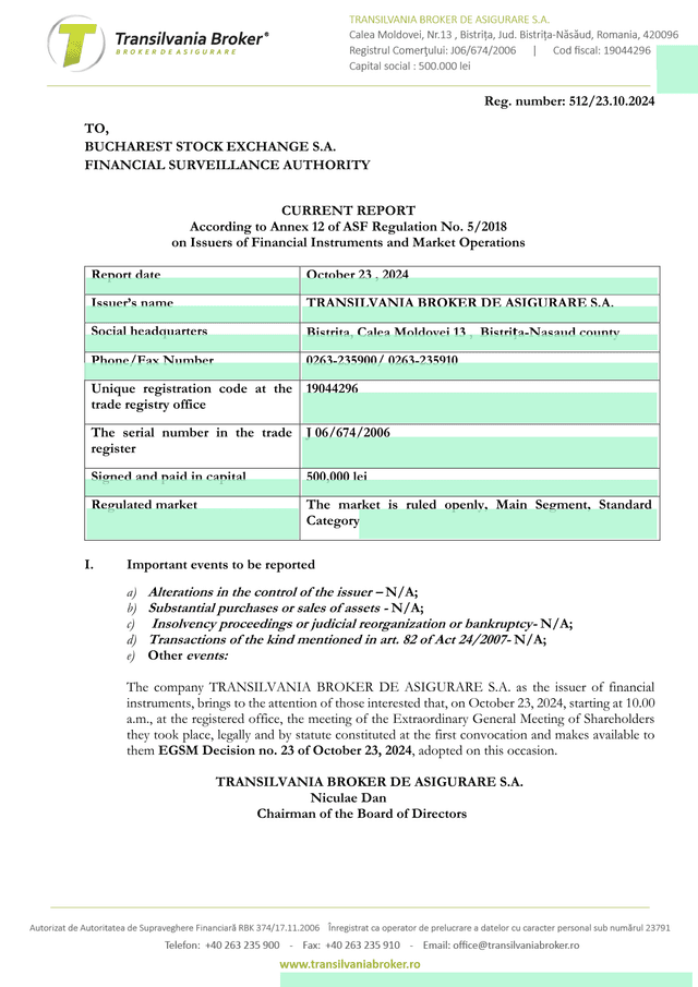 Current Report   TRANSILVANIA BROKER DE ASIGURARE S.A. screenshot