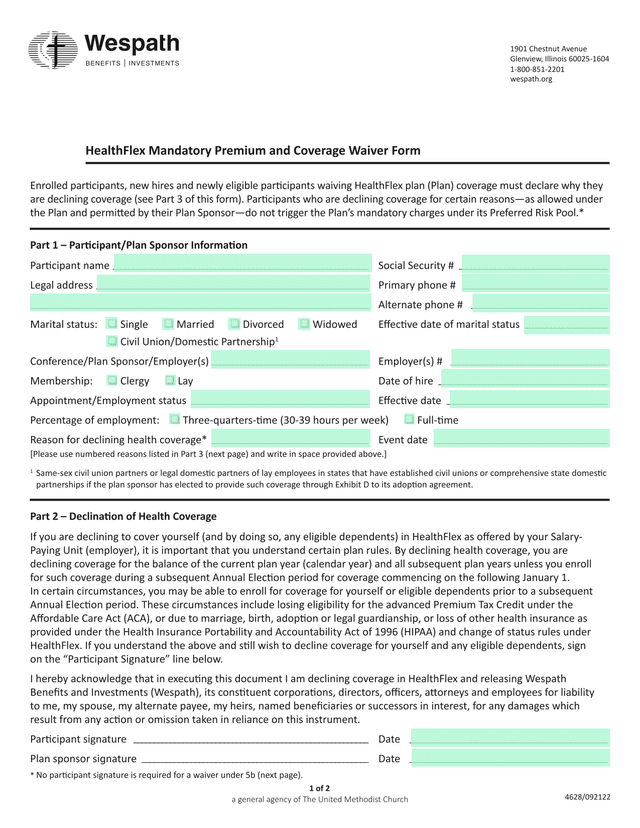 HealthFlex Mandatory Premium And Coverage Waiver Form screenshot