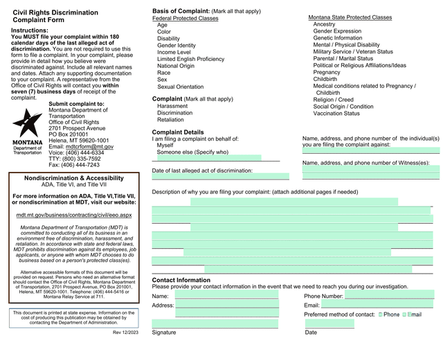 Civil Rights Discrimination Complaint Form screenshot