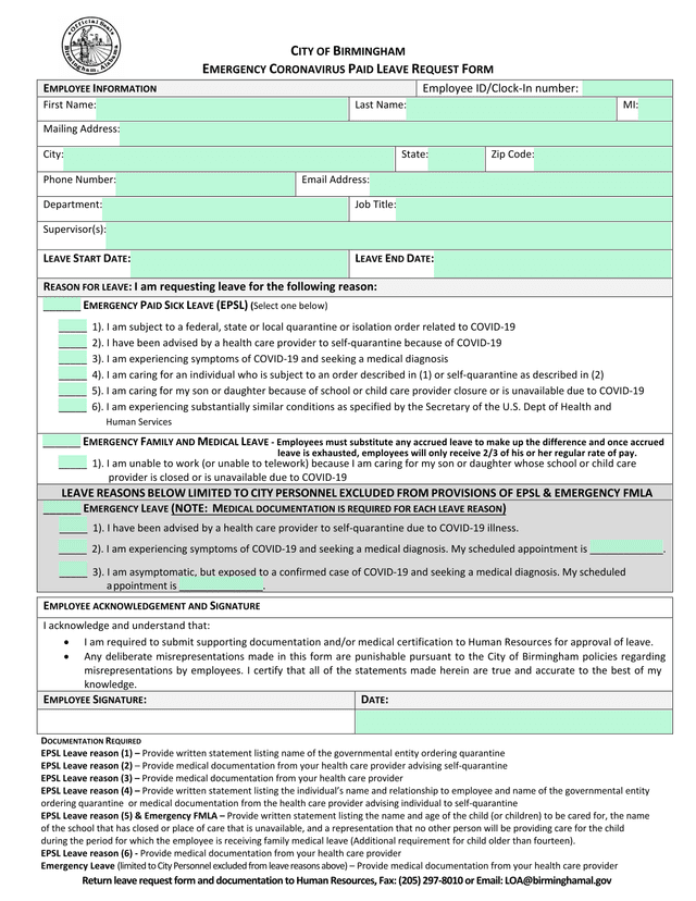 Emergency Coronavirus Paid Leave Request Form screenshot