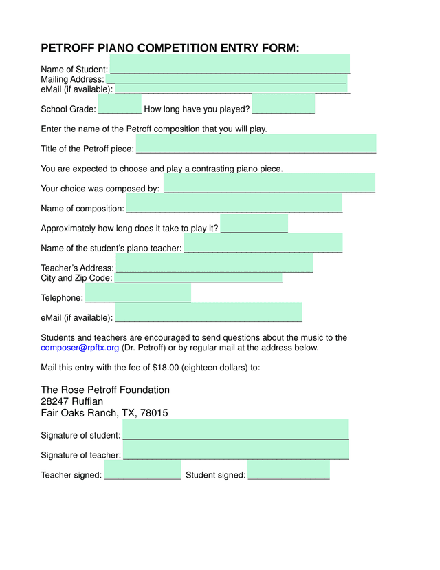 Petroff Piano Competition Entry Form screenshot