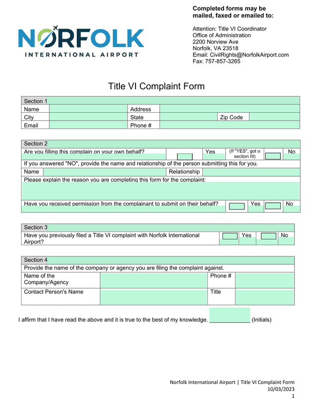 Norfolk International Airport Title VI Complaint Form screenshot