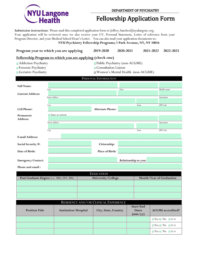 Department Of Psychiatry Fellowship Application Form screenshot