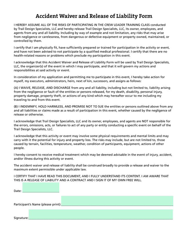Accident Waiver And Release Of Liability Form screenshot