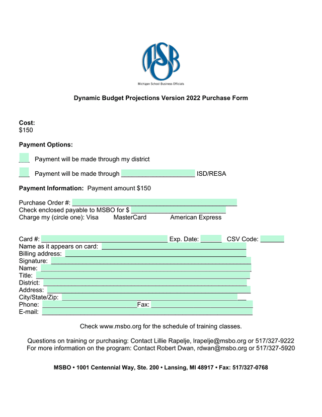 Dynamic Budget Projections Version 2022 Purchase Form screenshot