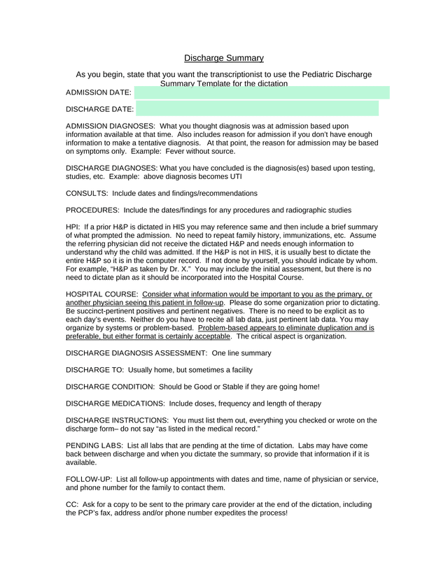 Pediatric Discharge Summary Template screenshot