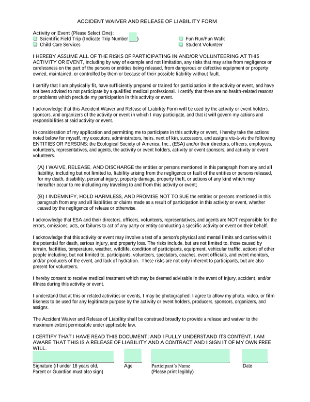 Accident Waiver And Release Of Liability Form screenshot