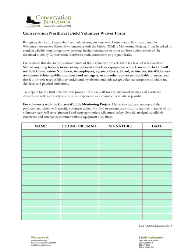 Conservation Northwest Field Volunteer Waiver Form screenshot