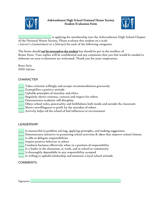 Ashwaubenon High School National Honor Society Student Evaluation Form screenshot