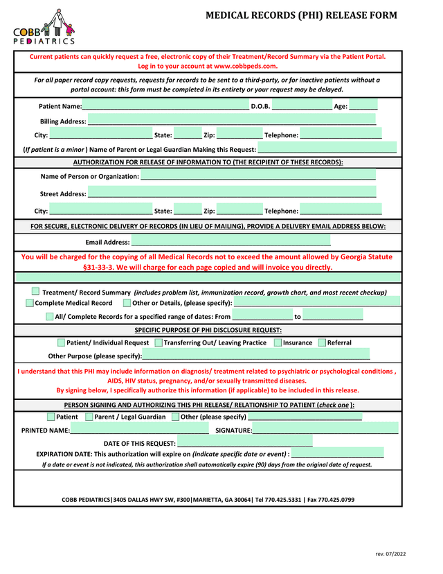 MEDICAL RECORDS (PHI) RELEASE FORM screenshot