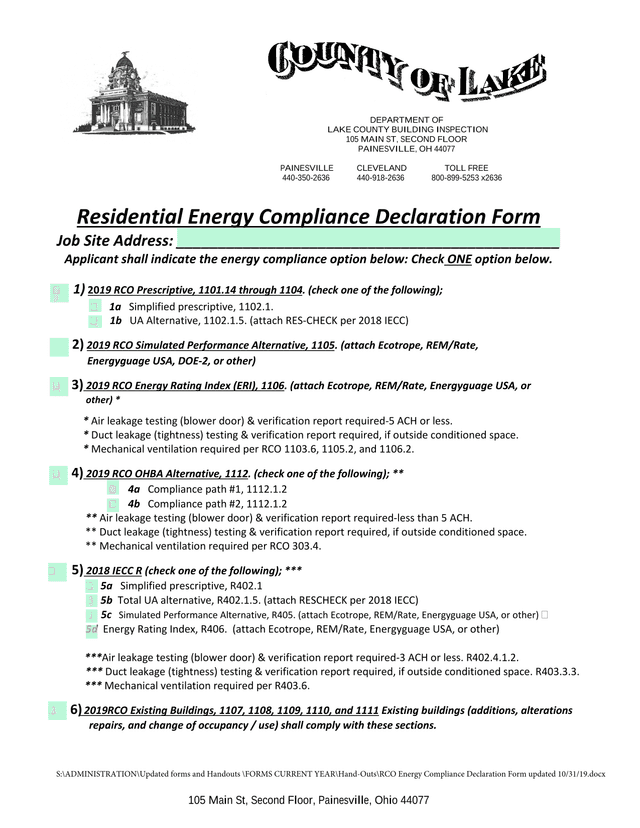 Residential Energy Compliance Declaration Form screenshot