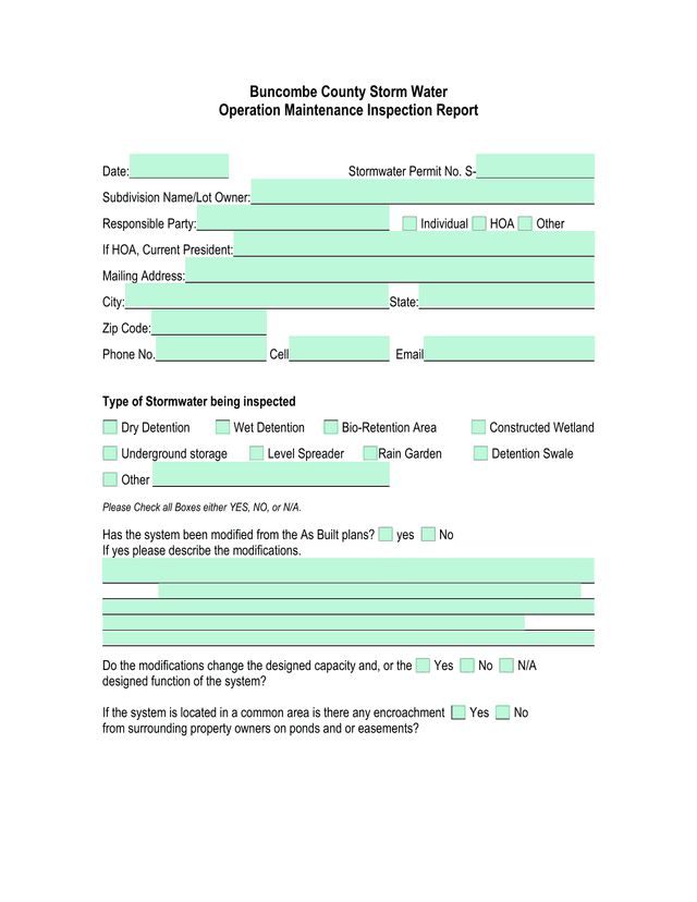 Buncombe County Storm Water Operation Maintenance Inspection Report screenshot