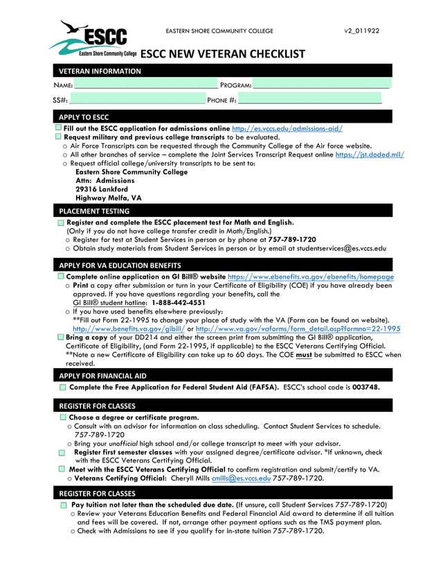 Eastern Shore Community College Admissions Checklist screenshot
