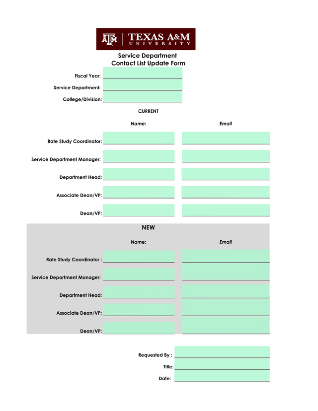 Service Department Contact List Update Form screenshot