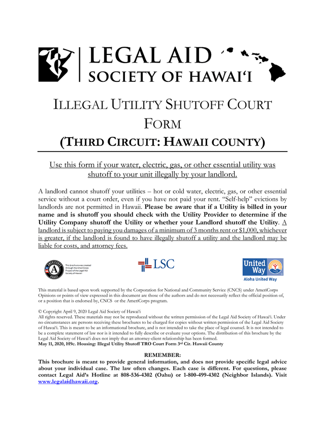 Illegal Utility Shutoff Court Form (Third Circuit Hawaii County) screenshot