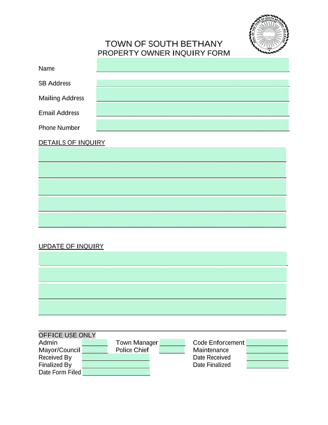 TOWN OF SOUTH BETHANY PROPERTY OWNER INQUIRY FORM screenshot