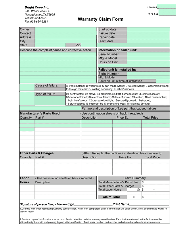 Warranty Claim Form screenshot