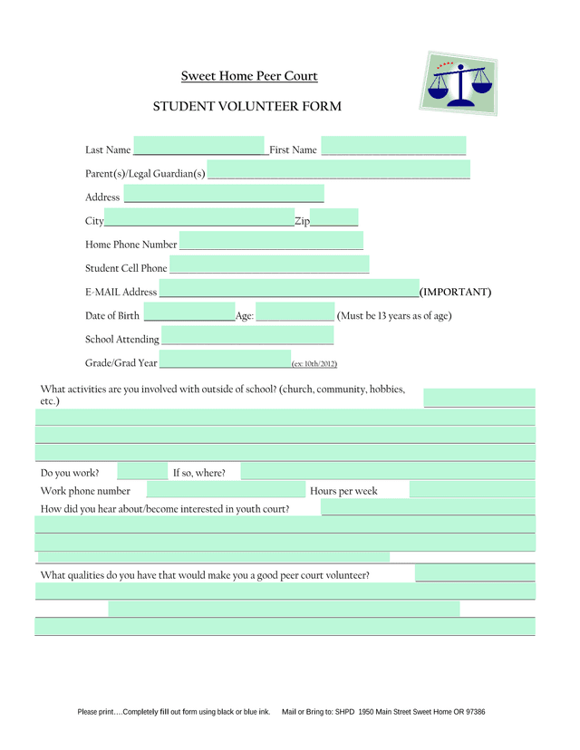Sweet Home Peer Court Student Volunteer Form screenshot