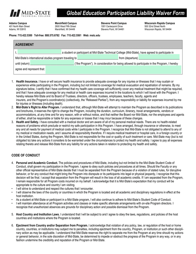 International Studies Program Participation Agreement screenshot