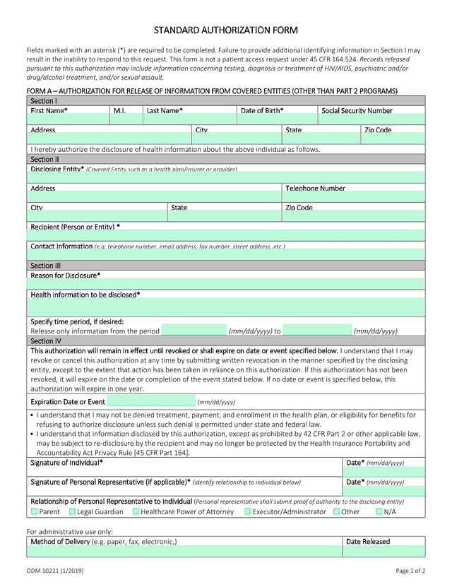 STANDARD AUTHORIZATION FORM screenshot