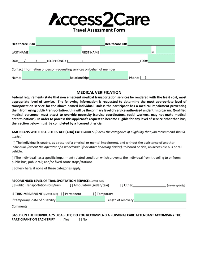 Access2Care Travel Assessment Form screenshot