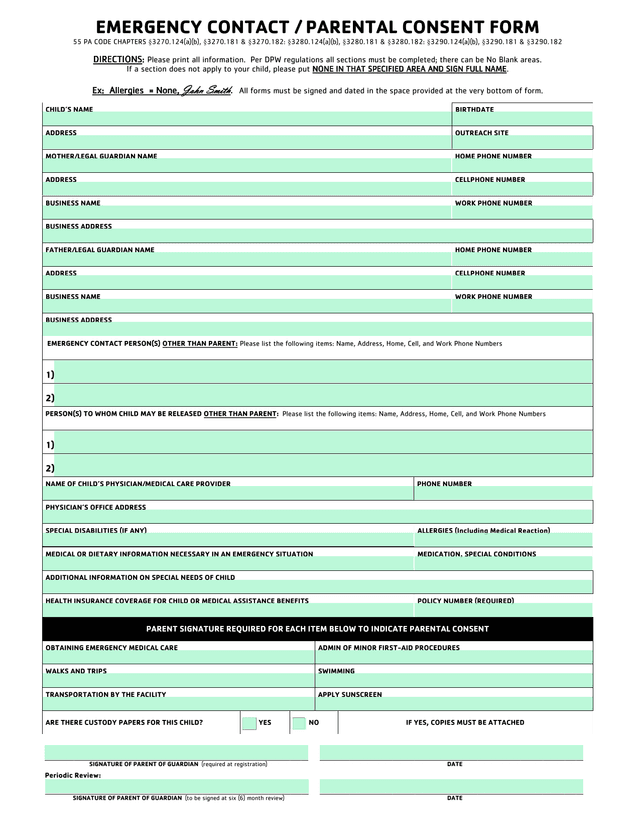Emergency Contact  Parental Consent Form screenshot