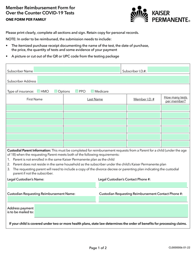 Member Reimbursement Form For Over The Counter COVID 19 Tests screenshot