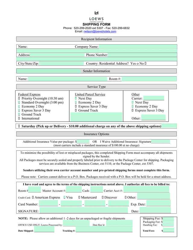 Shipping Form screenshot