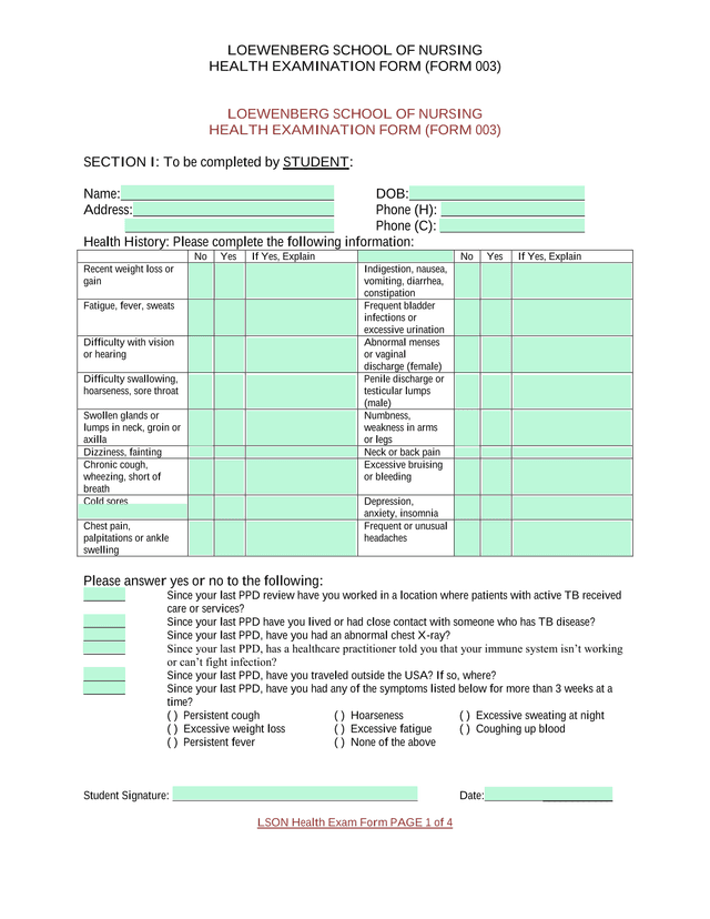 LOEWENBERG SCHOOL OF NURSING HEALTH EXAMINATION FORM (FORM 003) screenshot