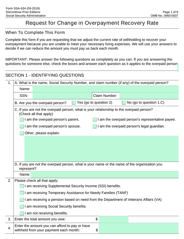 Form SSA 634 Request For Change In Overpayment Recovery Rate screenshot