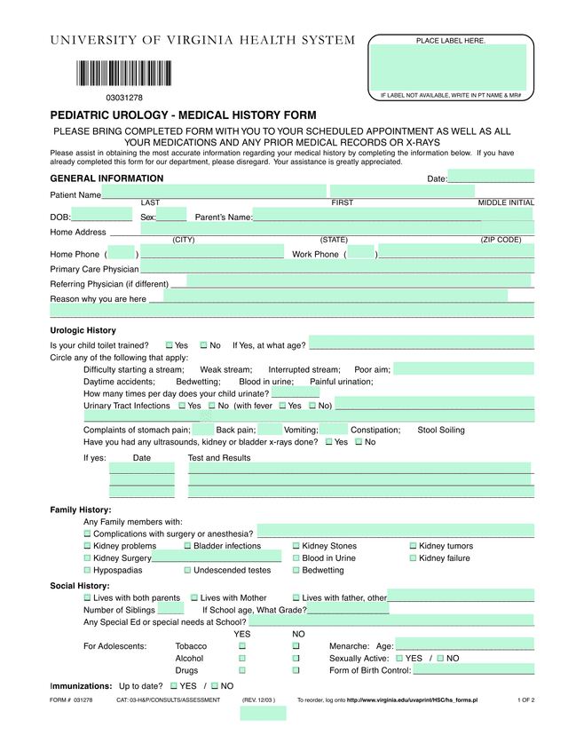 PEDIATRIC UROLOGY   MEDICAL HISTORY FORM screenshot