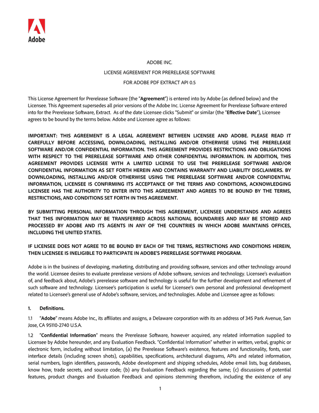 ADOBE INC. LICENSE AGREEMENT FOR PRERELEASE SOFTWARE FOR ADOBE PDF EXTRACT API 0.5 screenshot