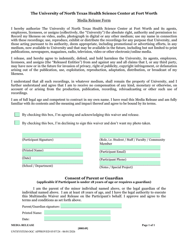 Media Release Form screenshot