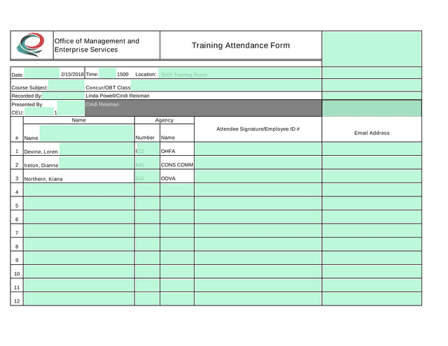 Training Attendance Form screenshot